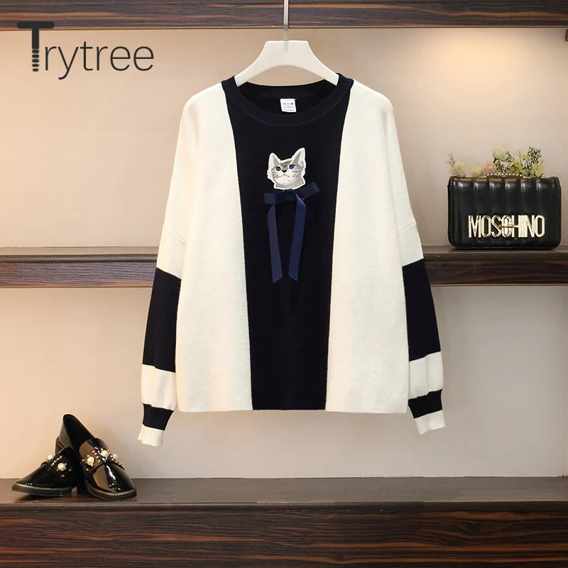 Trytree, осенне-зимний комплект из двух предметов, повседневный топ с круглым вырезом и рисунком кота+ юбка, модный мини-комплект трапециевидной формы, комплект из 2 предметов