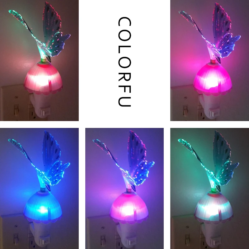 Fiber Optic LED Butterfly Night Light EUUS Plug Smart Light Sensor Color Changeable Night Lamp For Baby Kids Room Deco 110-220V (2)