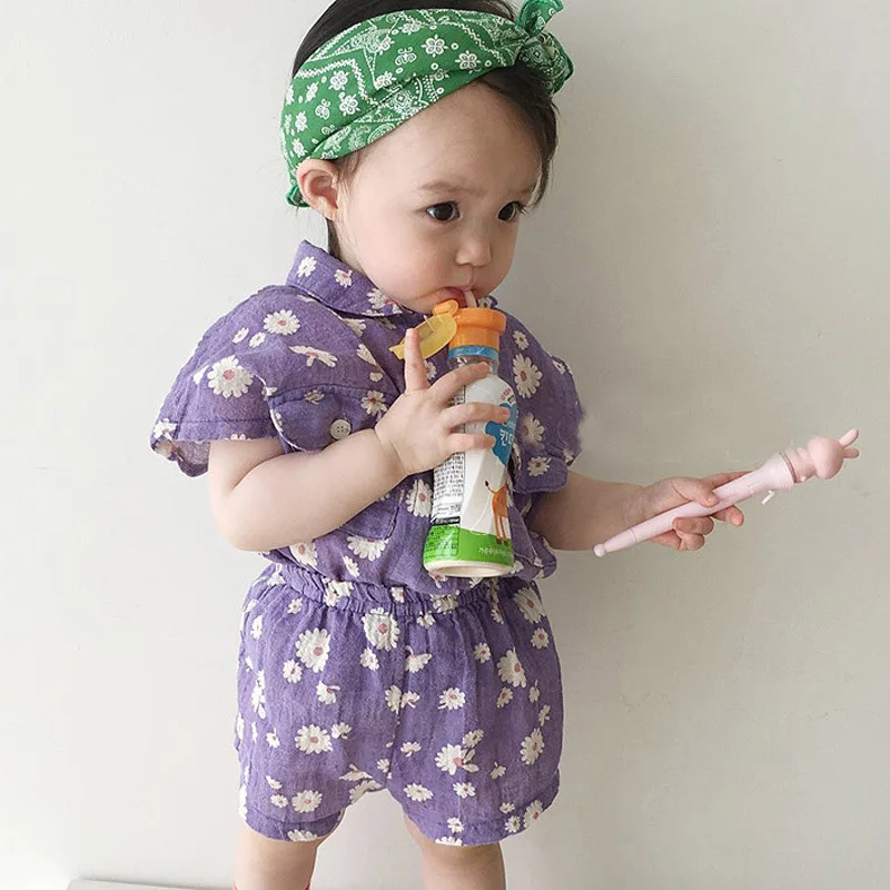 Two-piece Suit Kids Clothes Korean Summer Children's Clothing Flower Boy and Girl Baby Daisy Short-sleeved Shirt Shorts | Детская