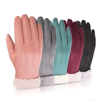 

Women's Thickened Warm Keeping Touch Screen Gloves Winter Fashionable Suede Fabric Coral Velvet Brushed Mittens