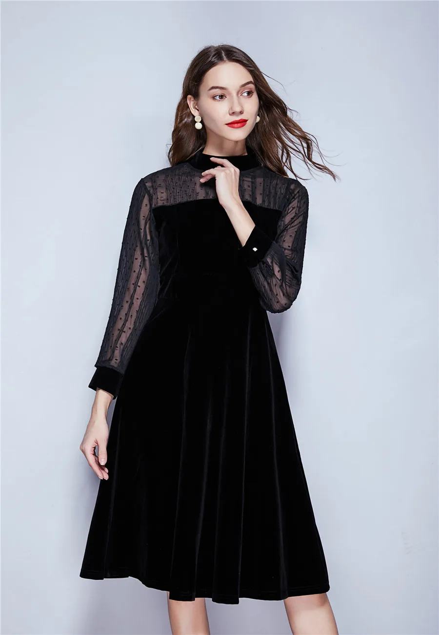 

New Autumn And Winter Retro Temperament Long-sleeved Black Dress Stitching Chiffon Thin Velvet Bottoming Dress For Women