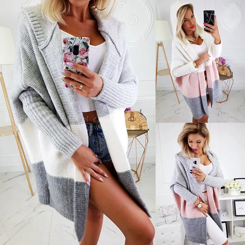 

2019 Autumn Winter The New Sweater female stripe Cardigan Medium and long section hooded Sweater coat women peluche lange trui