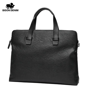 

Bison Denim Cowhide Business Briefcase Genuine Leather Men Bag 14" Laptop Handbag Double Zipper Messenger Bags Male Shoulder Bag