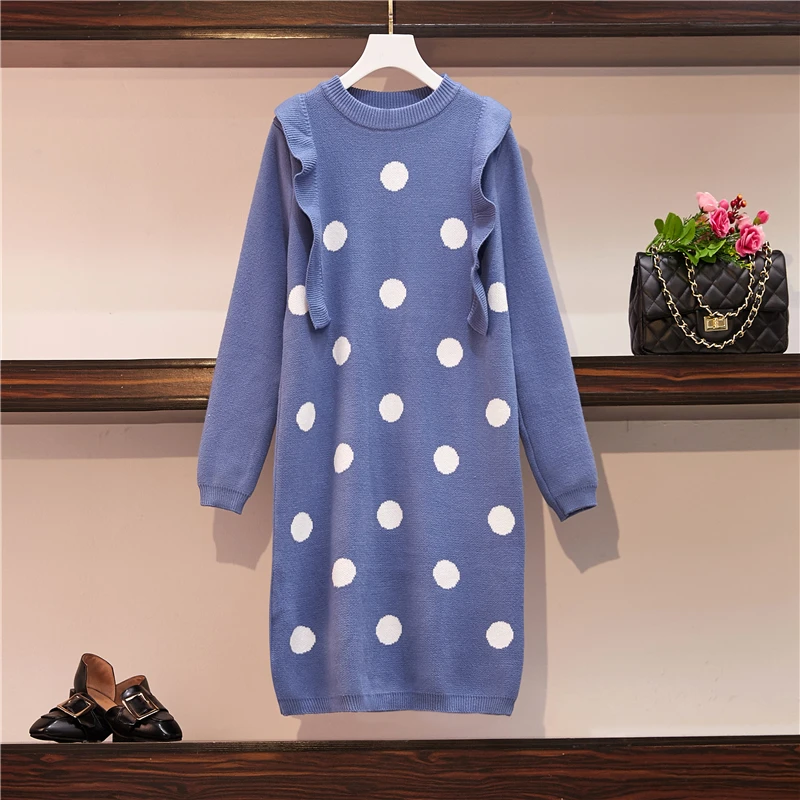 

European And American Women's Autumn Winter 2019 New Style Long Sleeve Dot Printed Knit Dress With Wooden Ear Plus Size