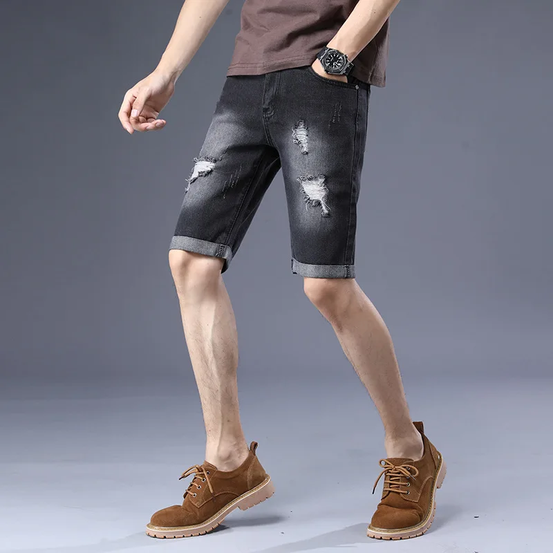Mens Stretch Ripped Short Jeans New Fashion Leisure Streetwear Clothing Summer Cotton Shorts Breathable Tearing Denim Shorts