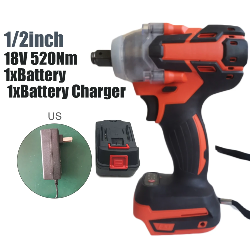 

18V 1/2 520Nm Torque Brushless Cordless Electric Impact Wrench Driver & Battery
