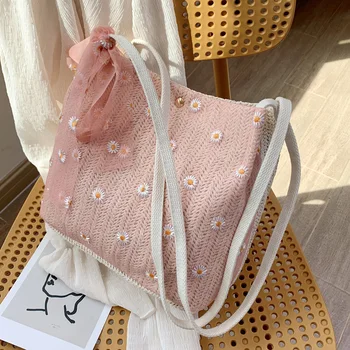 

2020 Summer Straw Patchwork Lace Bucket Beach Bags Lady's Purses and Handbag Shoulder Casual Female bags Women's Handbags