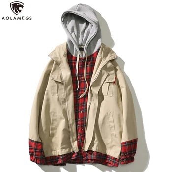 

Aolamegs Jackets Men Funny Fake 2 Pieces Coat Plaid Print Cargo College Style Hit Color High Street Harajuku Streetwear Autumn