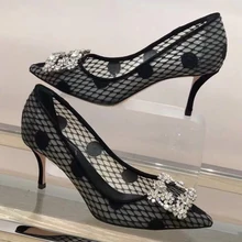 Дизайнерская Женская обувь со стразами; черные летние туфли на высоком каблуке с острым носком; женские туфли-лодочки; женские тонкие туфли из сетчатого материала; Zapatos De Mujer