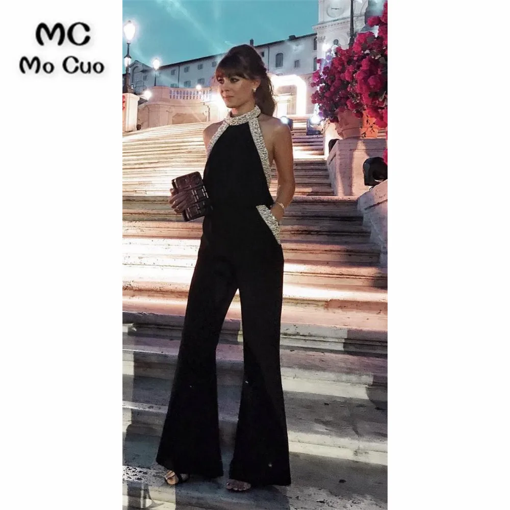 Черный комбинезон с лямкой на шее вечерние платья длинное платье бусинами Vestidos de