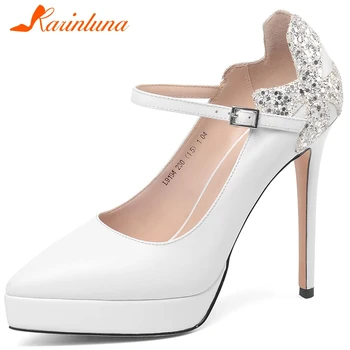 

KARINLUNA Sexy Girl Dress Pumps Bling High Heels Pointed Toe Platform Buckle Belt Pumps Women Genuine Leather Shoes Woman