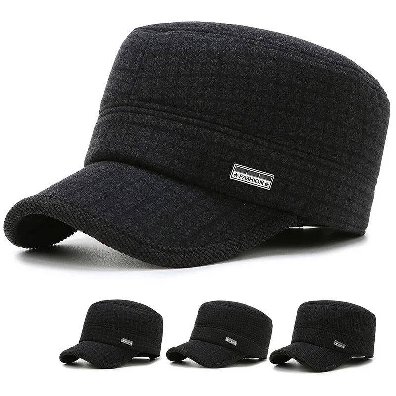 Новые осенние и зимние мужские модные спортивные плоские наушники среднего возраста Толстая теплая шапка