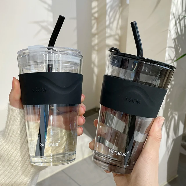 450ml Glass Water Cup With Straw Lid Large Fashion Coffee Tea Milk Juice  Breakfast Cups INS Simple Gasses For Drinks Bottle Gift