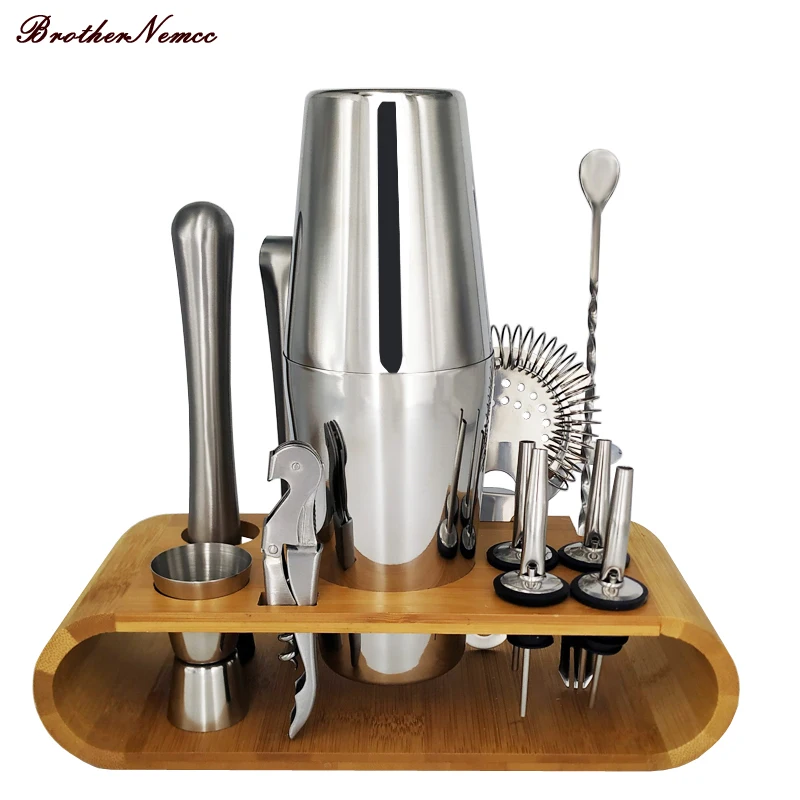 

13Pcs Stainless Steel Cocktail Shaker Bar Set Wine Drinking Mixer Boston Style Shaker Party Bar Tool with Bamboo Stand