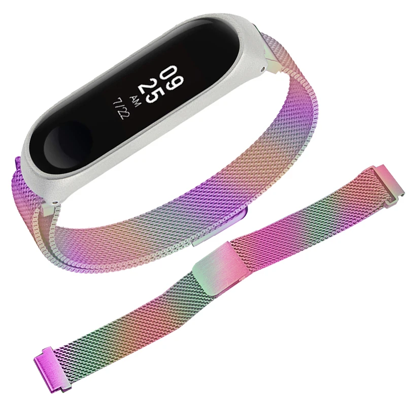 

Milan Stainless Steel Mesh Mi band 4 Strap Band Snap Button Slide Fastener Rainbow Band for Xiaomi Watch 3 4 Magnetic Watchband