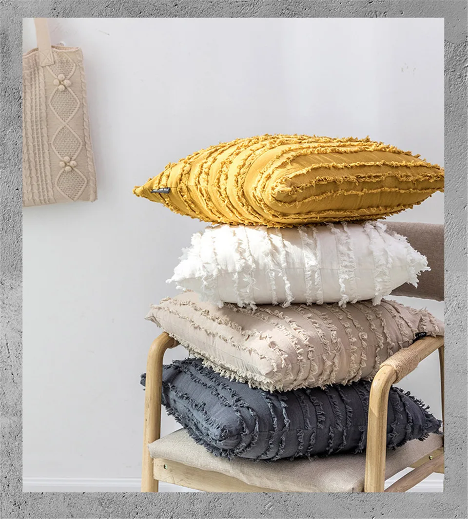 Скандинавском стиле из хлопка и льна с плюшевой подкладкой и цветочным рисунком декоративный чехол на подушки с бубоном, цвет: желтый, белый наволочки для подушек размером 45*45 см Диван Декоративные Чехлы