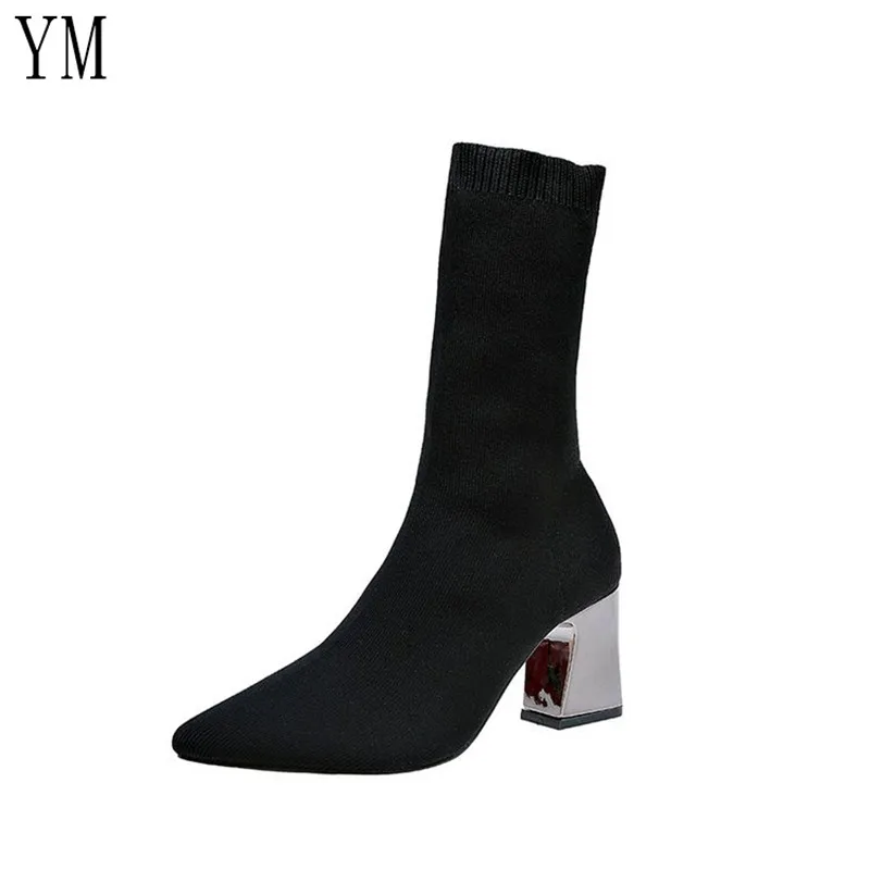 Популярные женские черные ботильоны модные весенне-зимние эластичные носки Женская обувь с острым носком на высоком массивном каблуке 34-43