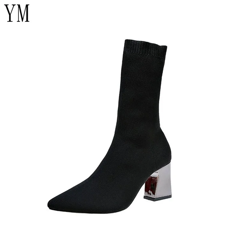 

2020 Hot Women Black Ankle Sock Boots Fashion Spring Winter Stretch Socks Boots Chunky High Heels Pointed Toe Women Shoes 34-43