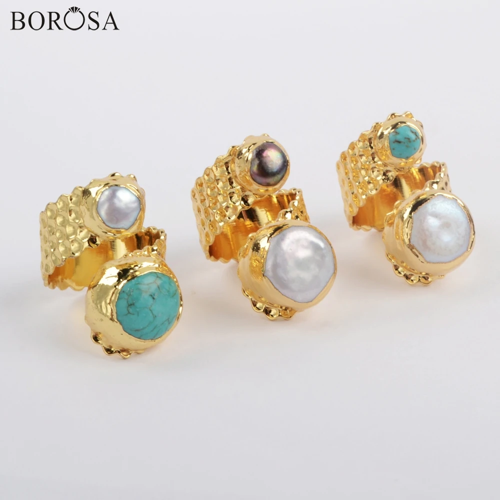 BOROSA 5 шт. позолоченный натуральный белый и черный натуральный шарф с жемчугом кольцо синий Howlite& Белый жемчуг битые кольца ювелирные изделия G1883