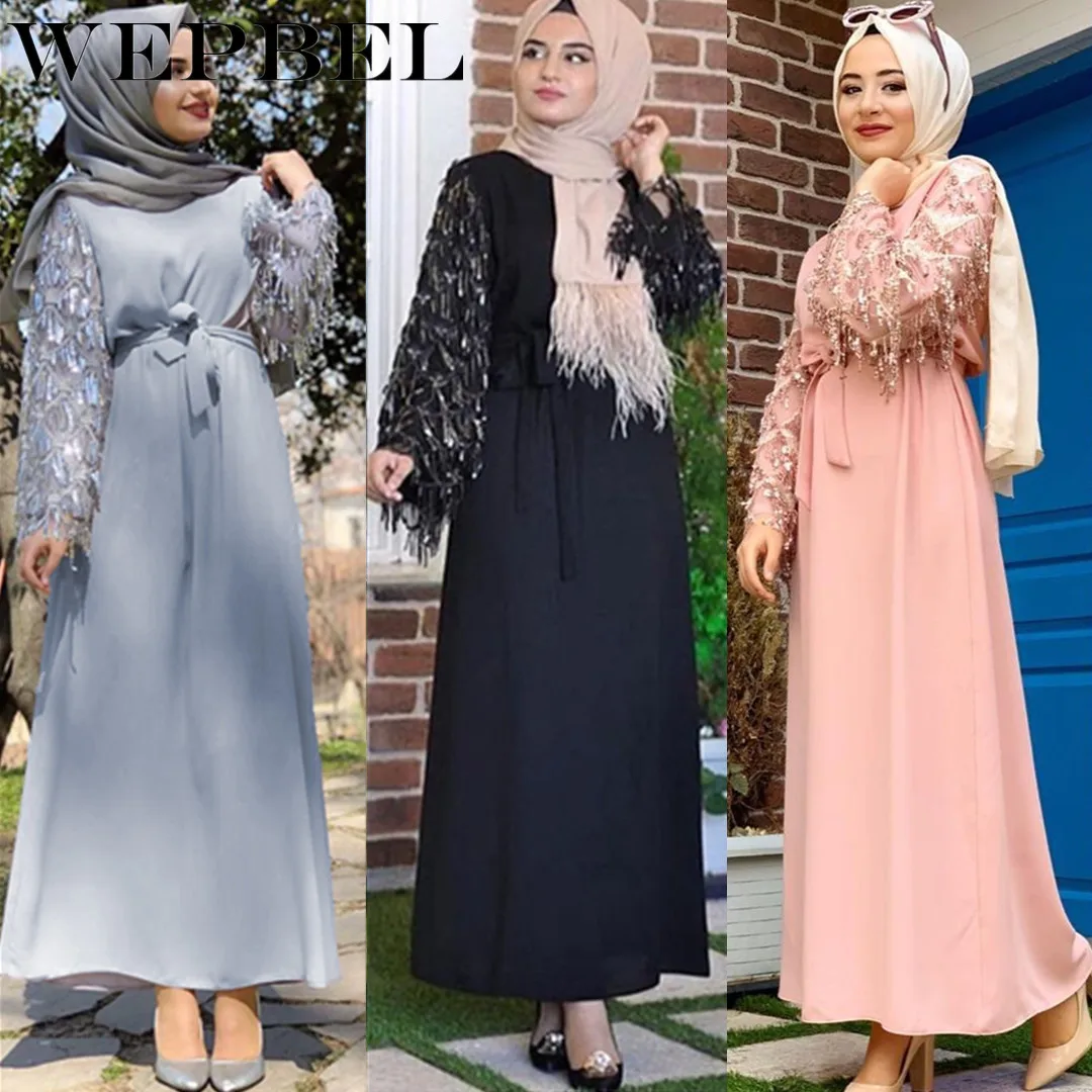 

WEPBEL Muslim Fashion Tassel Long-Sleeved Dress Women's O-Neck Stitching Fresh Sweet Lace-up High Waist Dress