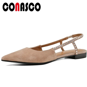 

CONASCO 2020 Summer New Fashion Concise Casual Women Sandals Flats Kid Suede Narrow Band Casual Rhinestone Low Heels Shoes Woman