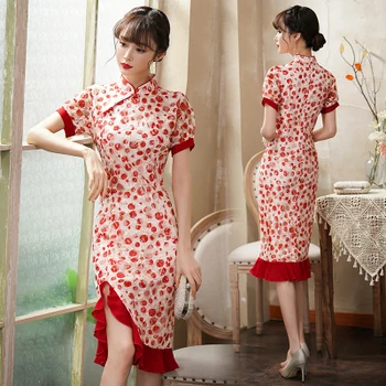

Short Sleeve Elegant Red Print Dress Women Vintage Cheongsam Floral Trumpet Dresses slim Elegante Dames dresses 5XL