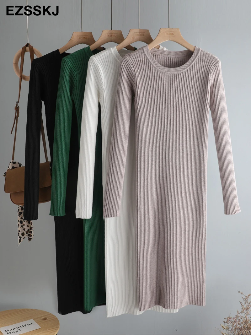 elegant Autumn Winter basic Maix  Sweater dress women solid bodycon Thick dress Female Jumper O-neck slim knit dress Long sleeve long sleeve dress