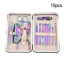 15 шт. Радуга маникюрный набор с Чехол Нержавеющая сталь, кусачки для маникюра/педикюра, триммер, ухо набор крючков для захвата нити для педикюра, на палец Маникюрный Инструмент уха Палочки набор