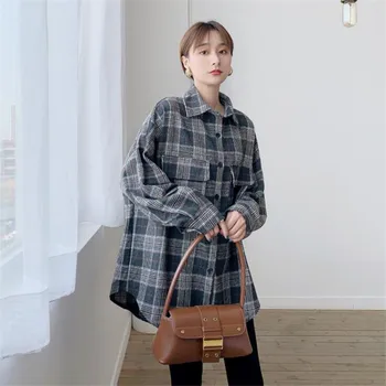 

Thick Loose Women Plaid Blouse 2020 Spring Long Sleeve Shirts Female Oversized Blouse Checkered Pockets Warm Thick Shirts Top