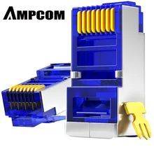 AMPCOM-conector de clavija Modular CAT6 blindado RJ45, 8P8C, conector Ethernet, extremo de engarce, chapado en oro, 50U