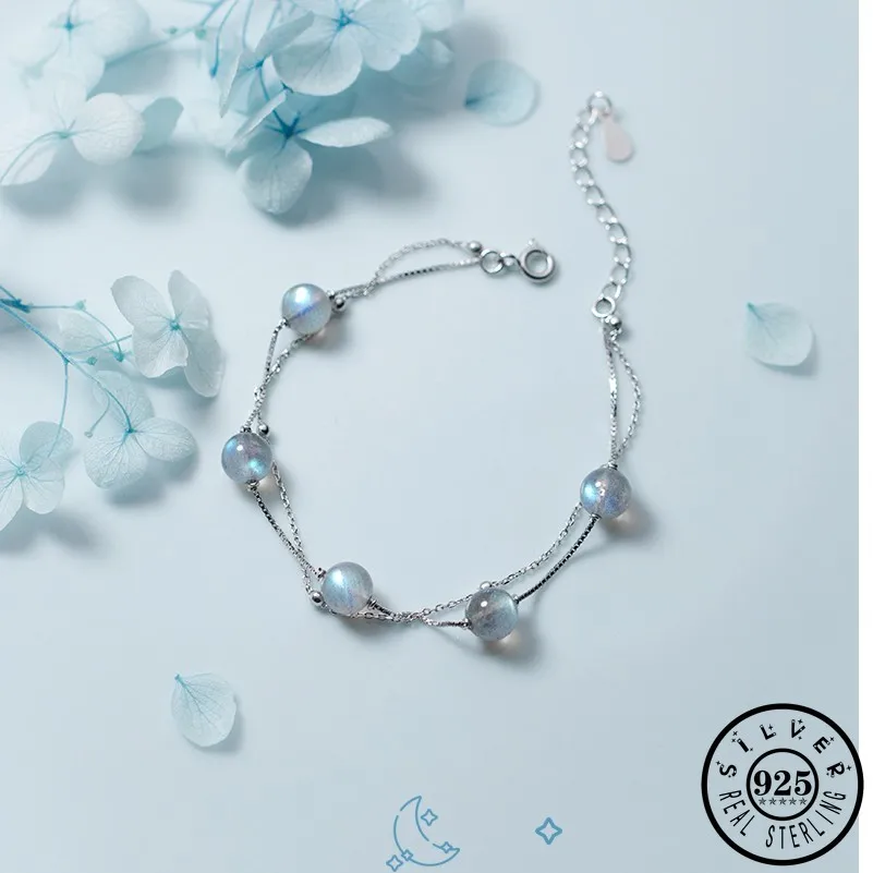 100% 925 Sterling Silver 6mm Round Natural Moonstone Beads Statement Double Layer Hand Charm Bracelets for Women Jewelry | Украшения и