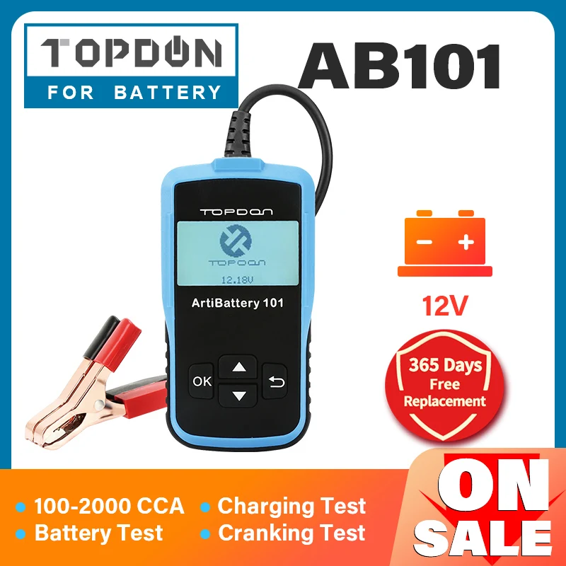 TOPDON-probador de batería de coche AB101, 12V, 2000CCA, analizador automotriz, prueba de batería automática, carga de arranque, gran oferta