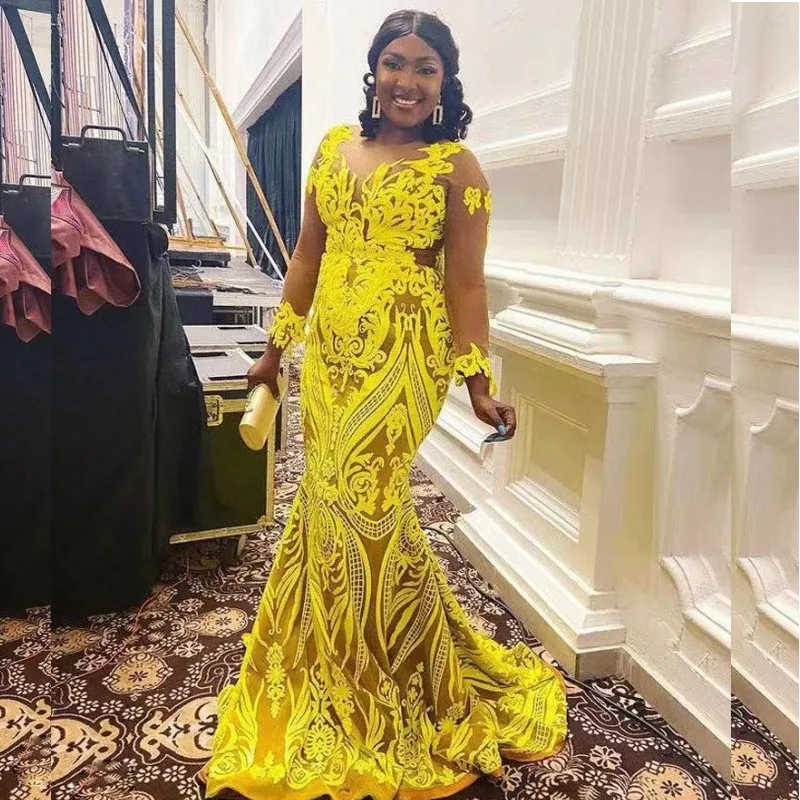 Yellow Lace Appliques Mermaid Evening 