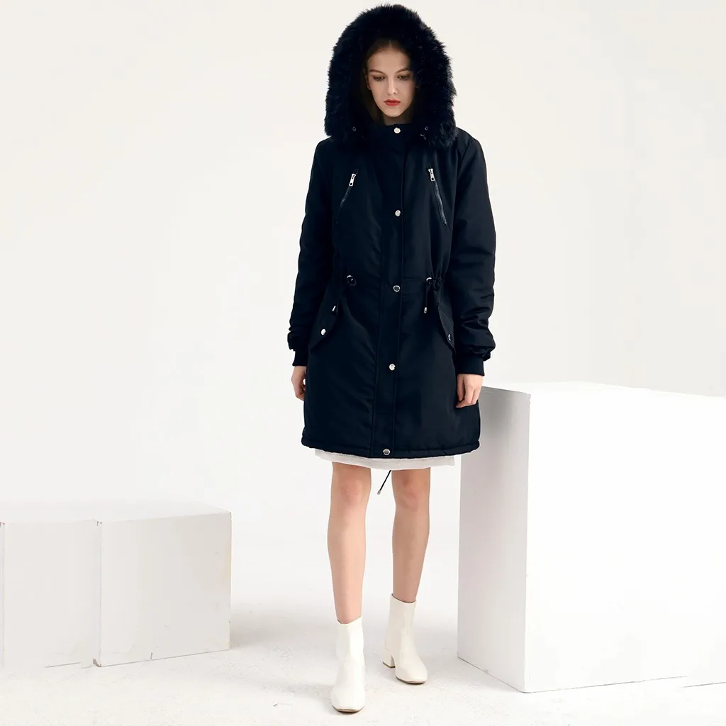 Женская зимняя теплая хлопковая парка с капюшоном, пальто с длинным рукавом, модное однотонное Женское пальто с карманами, chaqueta mujer, новинка, черный, красный