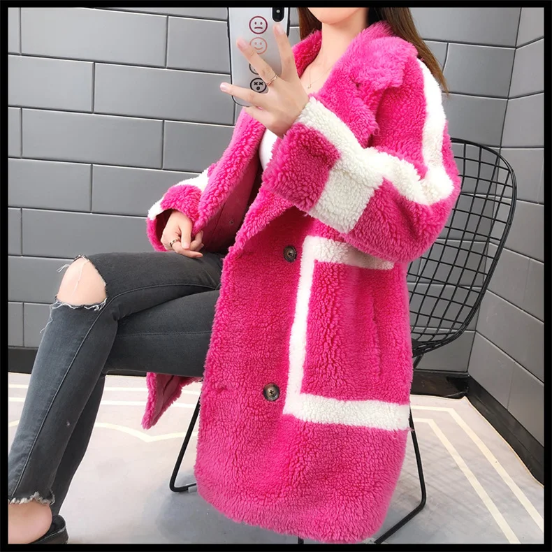 Granules Sheep Shearing Coat Female Winter Fashion new Long Color Matching Compound Fur One Imitation Wool Fur Coat Tide