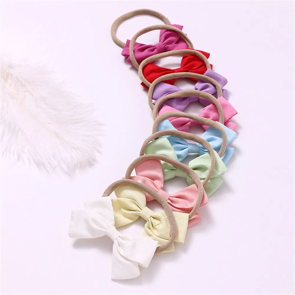 

9 Pcs/lot Handmade Nylon Headband With 9 colors Bow For cute Baby Girls Hair Accessories High Quality cotton Headwear