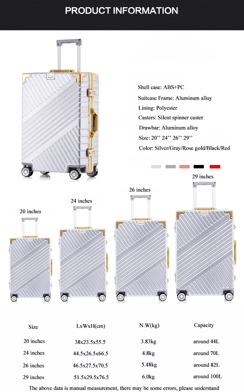 20"24"26"29'' Aluminum Frame Luggage Trolley Suitcase Hardside Rolling Luggage Suitcase Carry on Luggage Boarding Case