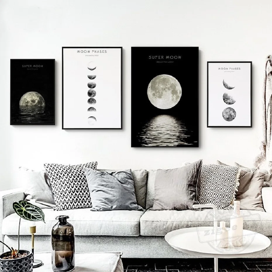 Nordic Moon постеры печати на холсте Черный и белый минималистский настенный