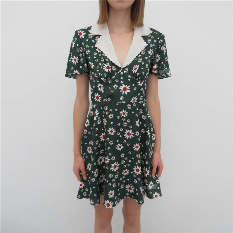 Prairie Chic Green Floral Print Dress Spring Summer Notched Collar Short Sleeve Daisy Print A-line Knee-Length Women Dress