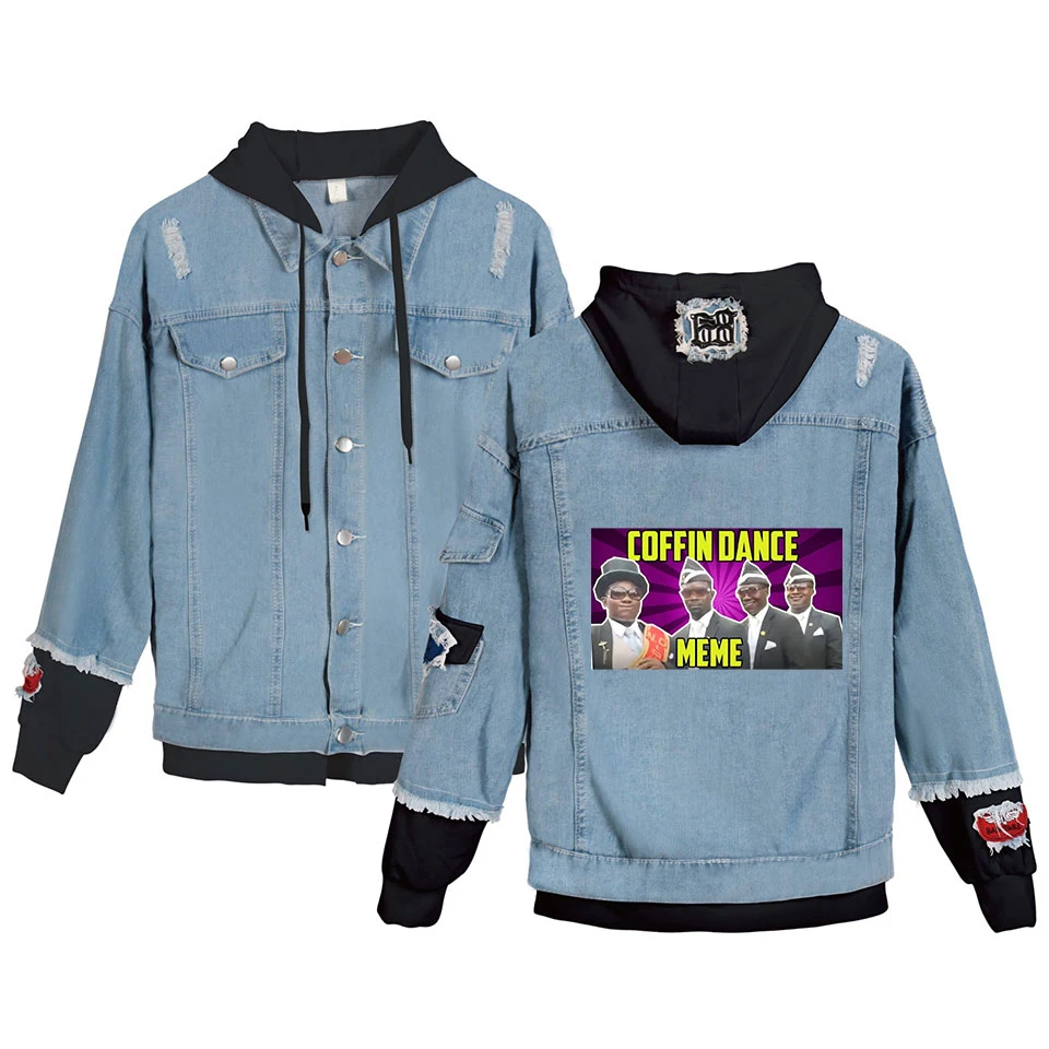 

Coffin Dance Pallbearers Fake Two Piece Denim Jacket Women Long Sleeve Pockets Hooded Jacket 2020 New Arrival Streetwear Clothes