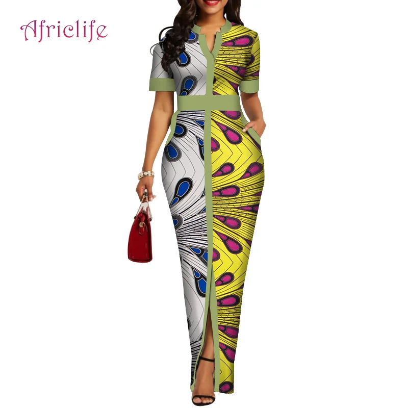Заводская цена, высокое качество, летнее женское длинное платье с v-образным вырезом, тонкая африканская одежда для женщин, юбка с коротким рукавом, одежда WY4424 - Цвет: 20