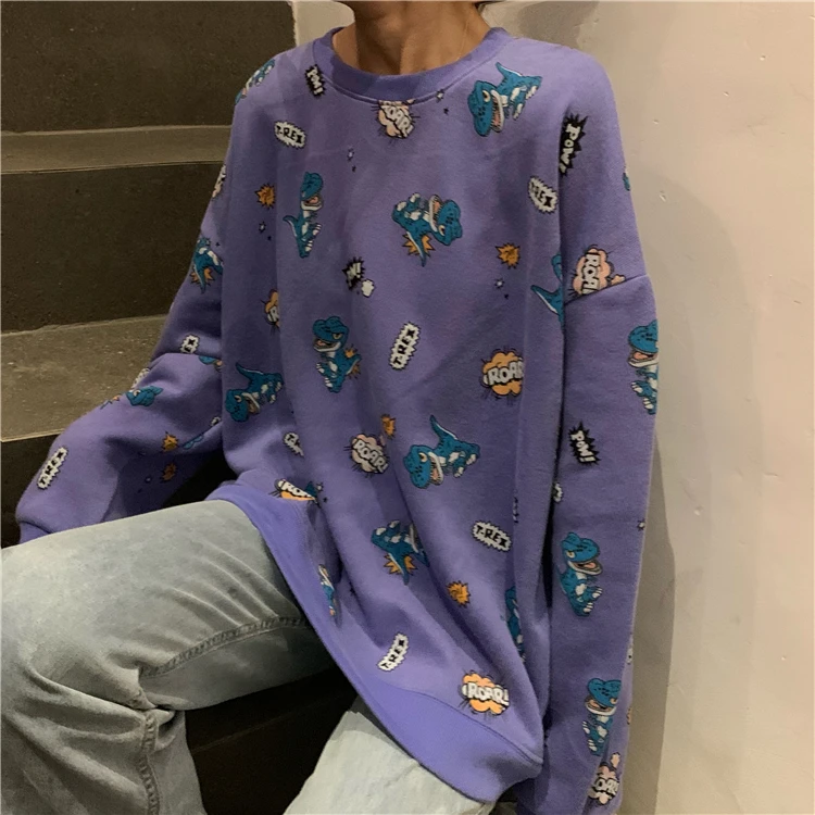 Женские свитера, японский Kawaii Ulzzang, свободный свитер с круглым вырезом и принтом динозавра, Женская Корейская одежда Harajuku для женщин