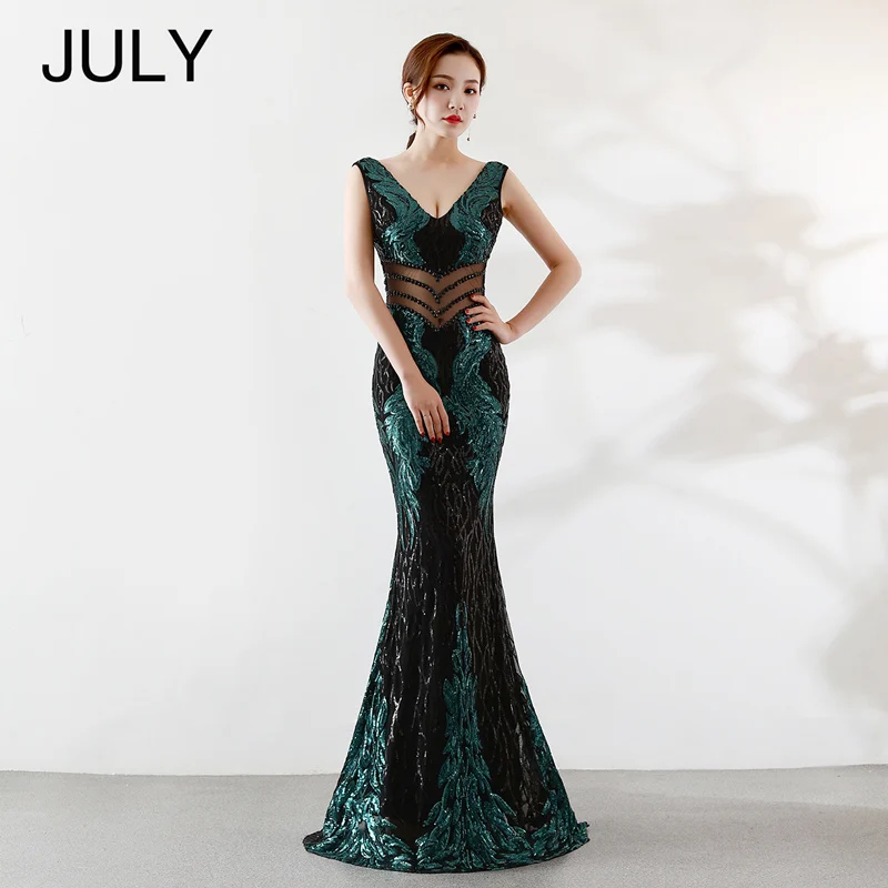 C-66 Dark green JULY Холтер шеи Элегантное Длинное, с блестками платье выдалбливают вечерние платья сексуальное рыбий хвост платье без рукавов вечернее платье с блестками - Цвет: C-66 Dark green