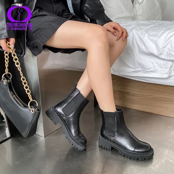 

AIMEIGAO 2020 Cowhide Chelsea Boots Women Autumn Winter Round Toe Patchwork Genuine Leather Shoes Lady Elastic Band Boots Woman