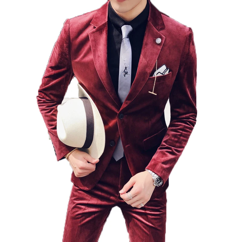 red Новейший дизайн пальто брюки фиолетовый бархат мужской костюм Slim Fit 2 шт курительная куртка, смокинг на заказ Жених Блейзер Выпускной костюм Terno - Цвет: red