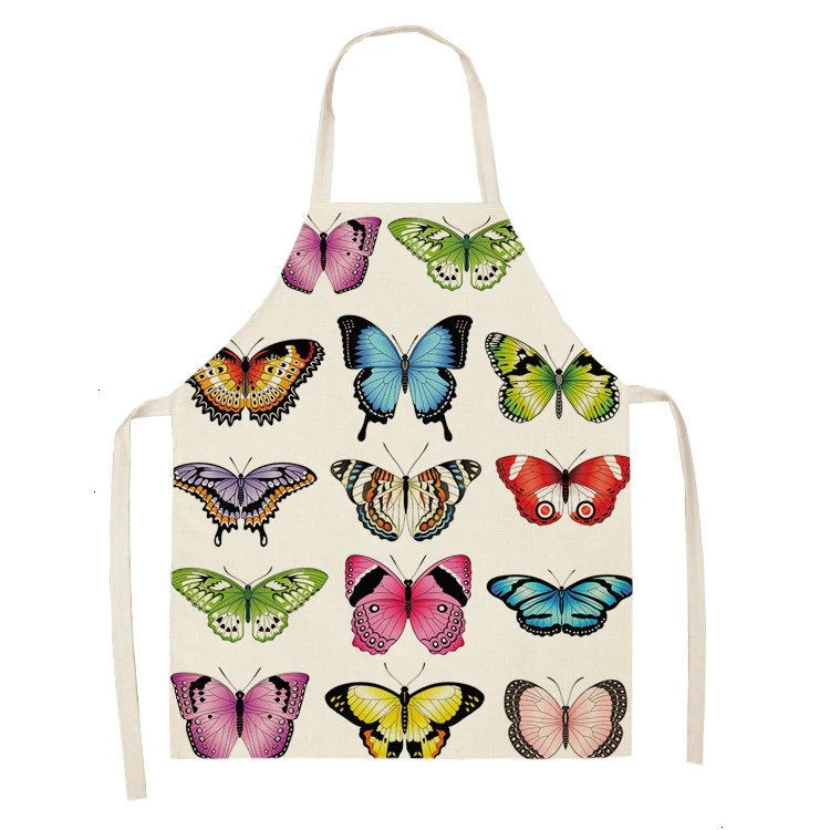 1PC Cotton Baking Waist Bib Linen Flower Butterfly Printed Kitchen Sleeveless Aprons Women Home Cooking Pinafore 53*65cm WQL0147 - Color: WQL0147-13