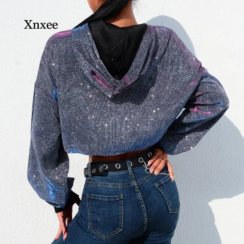 Cropped Oversized Hoodies Silver Glitter Long Sleeve O-Neck Sweatshirt Women Streetwear Korean Crop Sweatshirt gray Starry sky