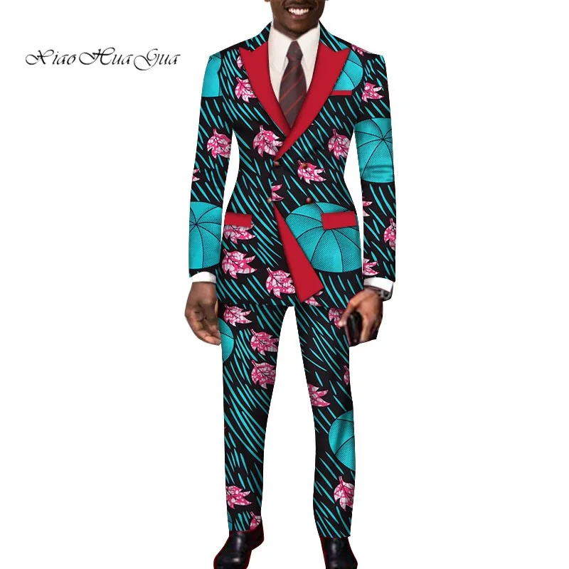 Дашики Базен Riche повседневные Костюмы Блейзер и брюки комплект формальный высококачественный Африканский батик печати Мужская модная одежда wyn252 - Цвет: 2