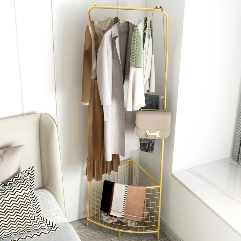 Gold Iron Coat Rack Clothing Racks With Storage Basket For Bedroom