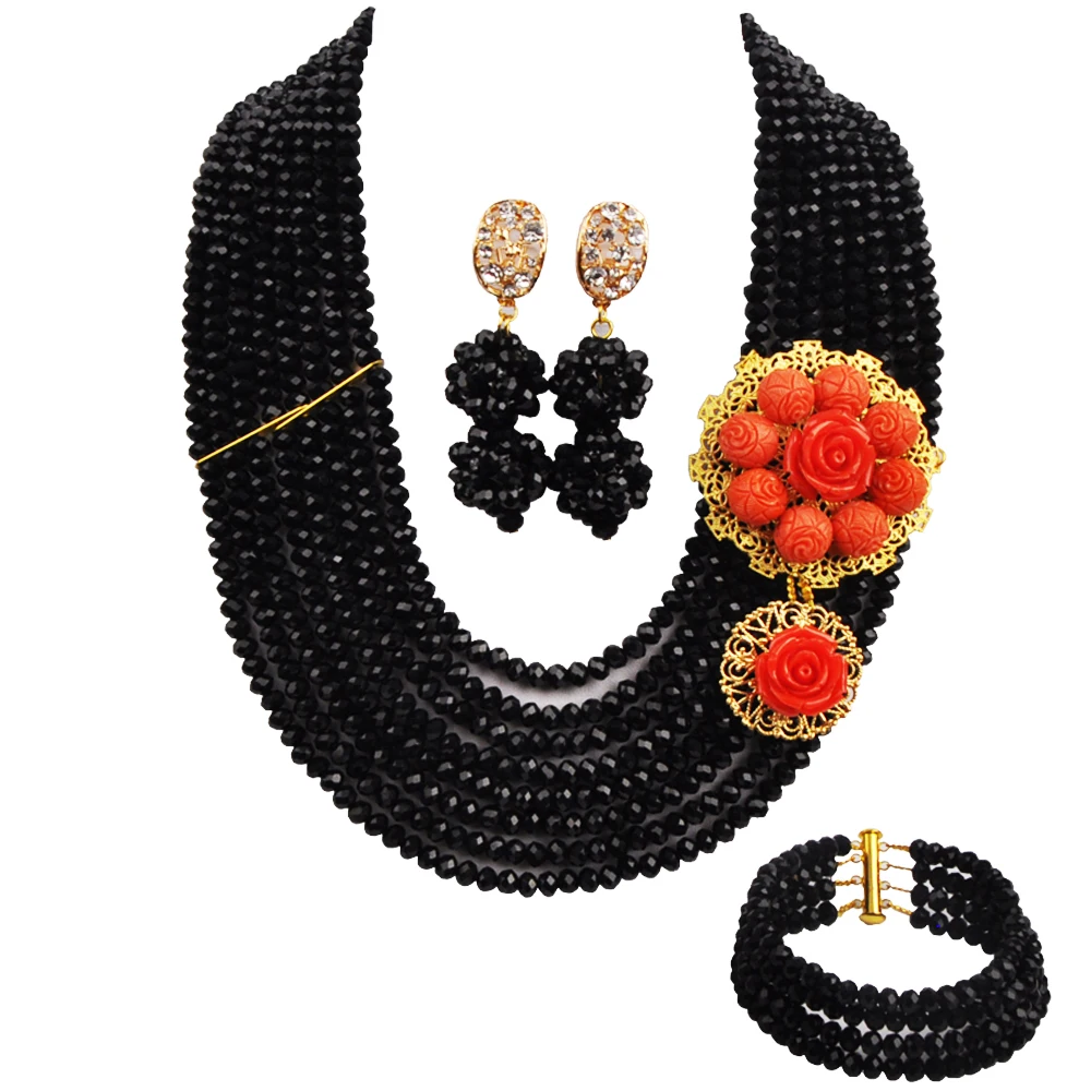 

Black Nigerian Wedding African Beads Jewelry Set African Necklace Crystal Bridal Jewelry Sets